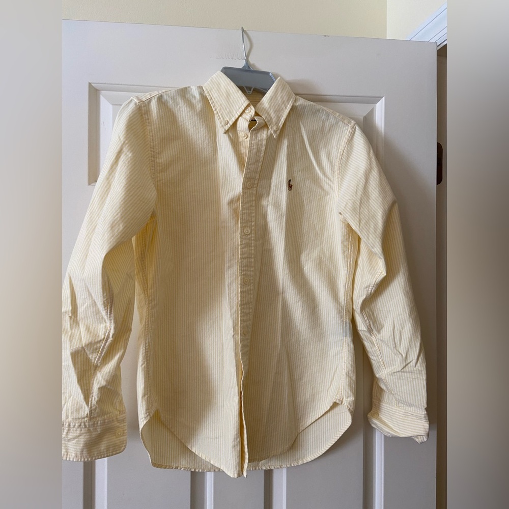 Yellow and white striped long sleeve button down oxford shirt.